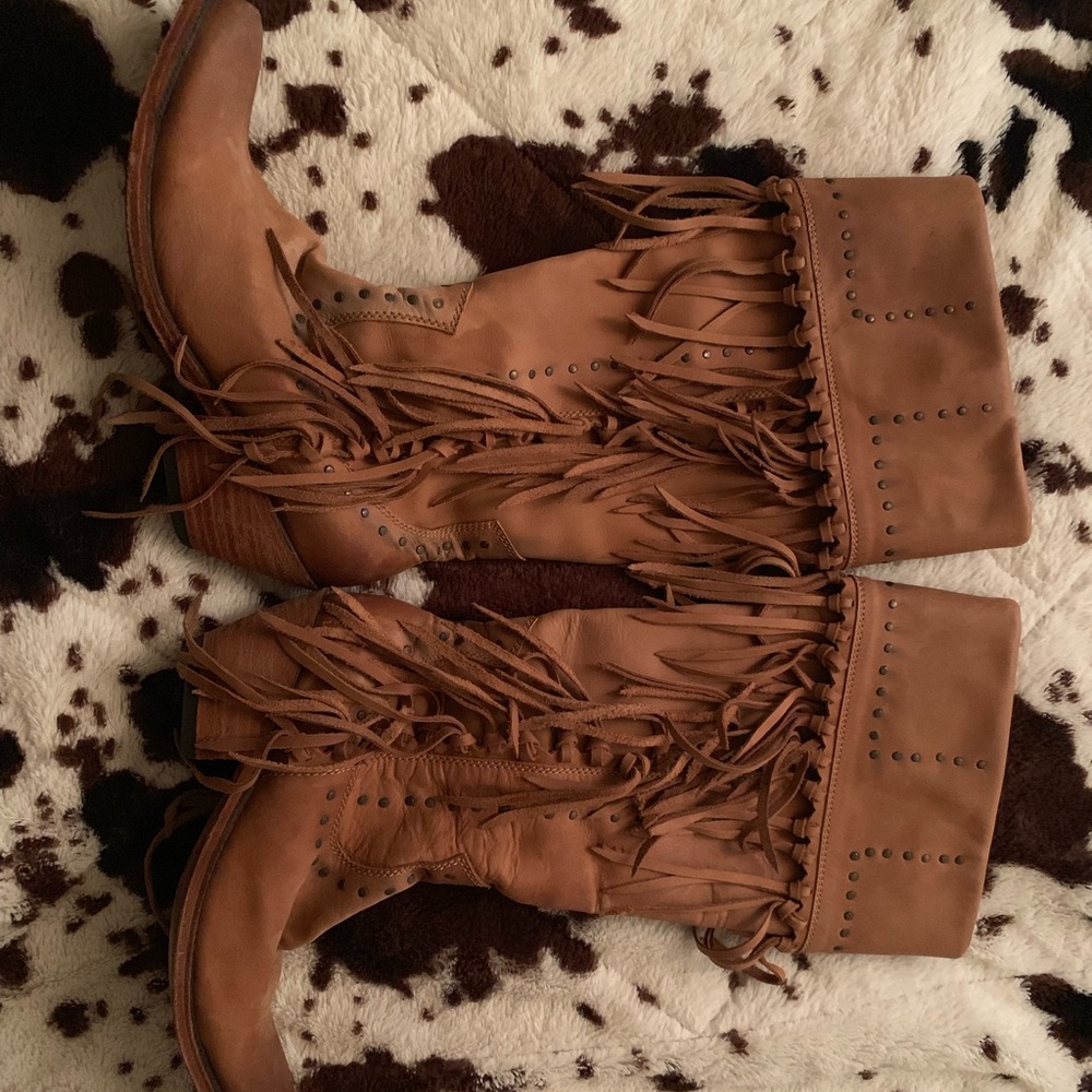 Brown fringe boots